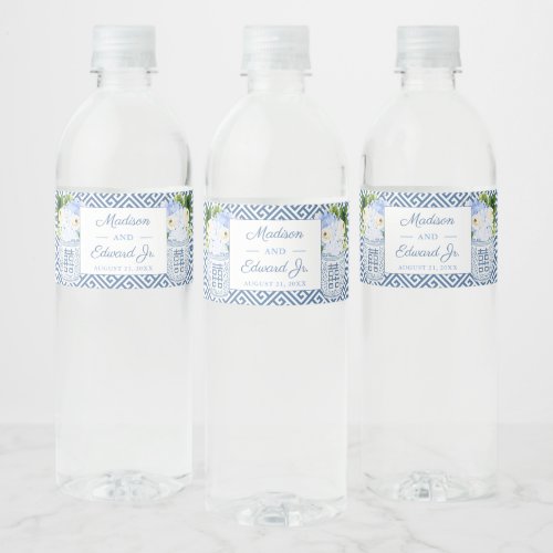 Chinoiserie Chic Blue  White Wedding Shower Party Water Bottle Label