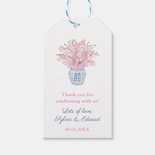 Chinoiserie Chic Blush and Navy Wedding Shower Gif Gift Tags - Blue and white ginger jar vase filled with cherry blossom stems. Elements handpainted by me in watercolor.  The reverse side as a "Greek Key" pattern backer. You can change the contrast color (shown here as a dark blue) to any color you like by entering the design tool (underneath the text customization area, click to "customize further") then changing the background color on the reverse.