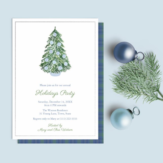 Chinoiserie Chic Christmas Holidays Party Blue Foil Invitation (Refined Holidays Party Invitation with hand painted elements and real foil border)