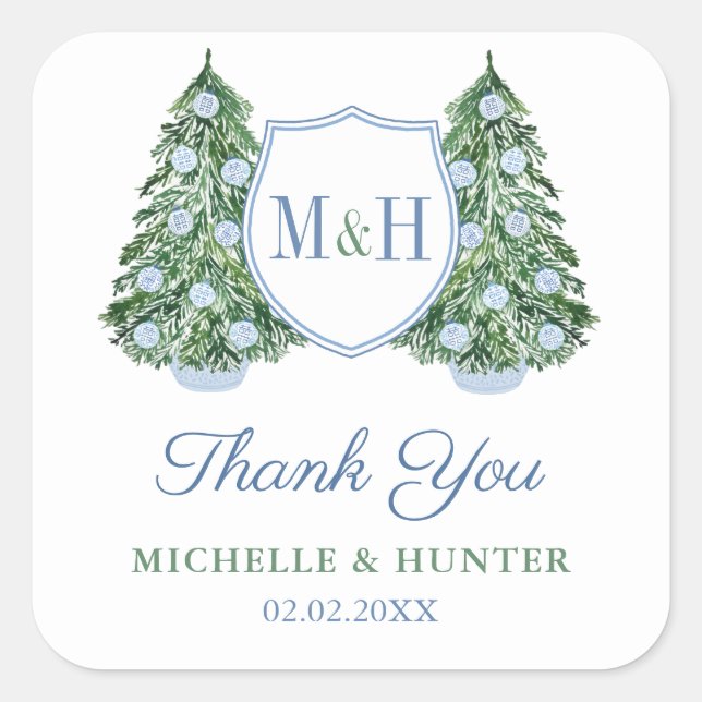 Chinoiserie Chic Christmas Tree Wedding Logo Favor Square Sticker (Front)