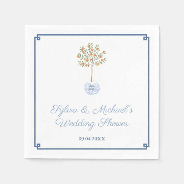 Chinoiserie Chic Citrus Orange Tree Bridal Shower Napkins (Front)