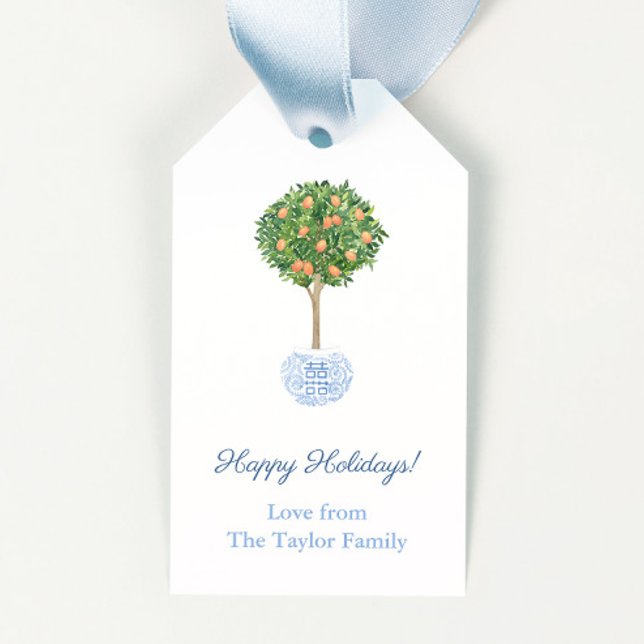 Chinoiserie Chic Citrus Orange Tree Happy Holidays Gift Tags (Citrus kumquat tree in blue and white chinoiserie planter Happy Holidays gift tags)