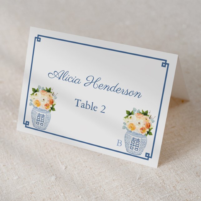 Chinoiserie Chic Fall Flowers Wedding Place Card (Blue and white ginger jars with fall flowers individual place cards)