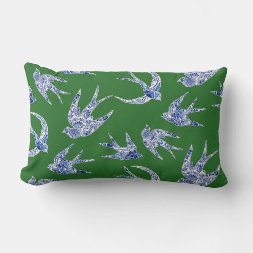 Chinoiserie Chic Floral Birds Blue Green Swallows Lumbar Pillow