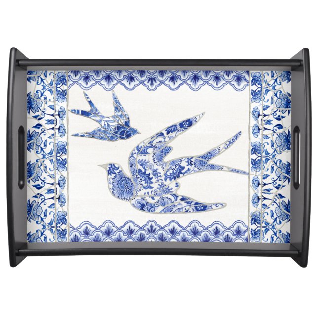 Chinoiserie Chic Floral Blue n White Bird Swallows Serving Tray (Front)