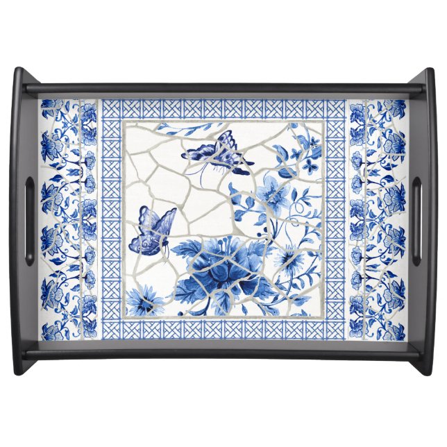 Chinoiserie Chic Floral Leaf Blue White Butterfly Serving Tray (Front)