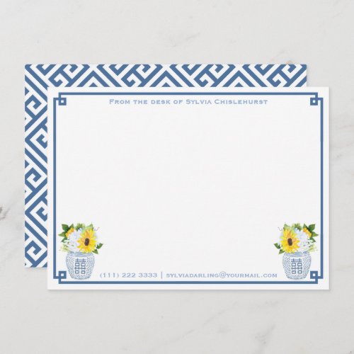 Chinoiserie Chic Ginger Jar Sunflowers Dusty Blue Thank You Card