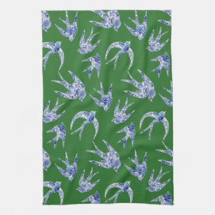 Chinoiserie Chic Green Blue White Bird Mosaic Tile Kitchen Towel