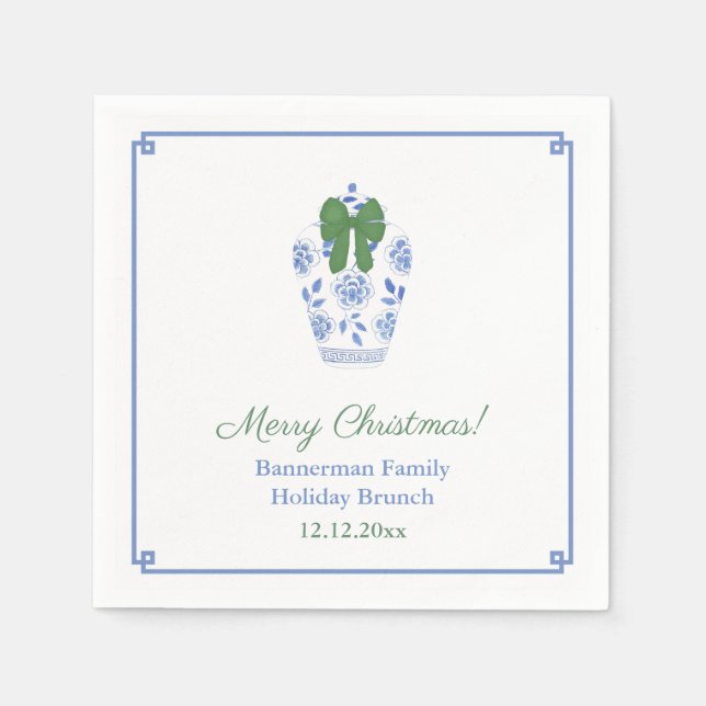 Chinoiserie Chic Green Ribbon Christmas Party Napkins (Front)
