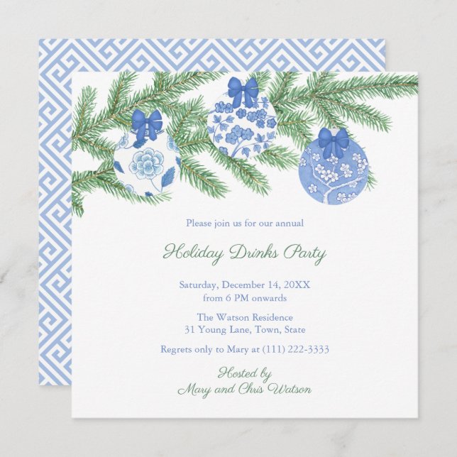Chinoiserie Chic Holiday Ornaments Drinks Party Invitation (Front/Back)