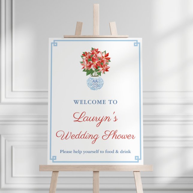 Chinoiserie Chic Holidays Wedding Shower Welcome  Foam Board (Festive Red Poinsettia Ginger Jar Holidays Wedding Shower welcome sign mockup)