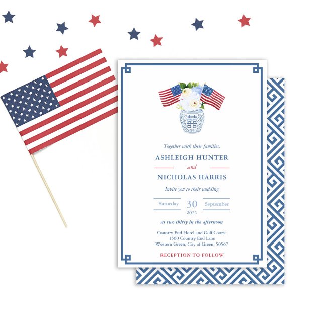 Chinoiserie Chic July 4th Red White Blue Wedding Invitation (Elegant Chinoserie Red White And Blue Wedding Invitation Featuring Ginger Jar And Greek Key Backer)