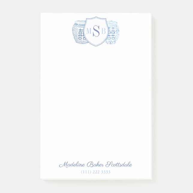 Chinoiserie Chic Ladies Blue And White Monogram Post-it Notes (Front)