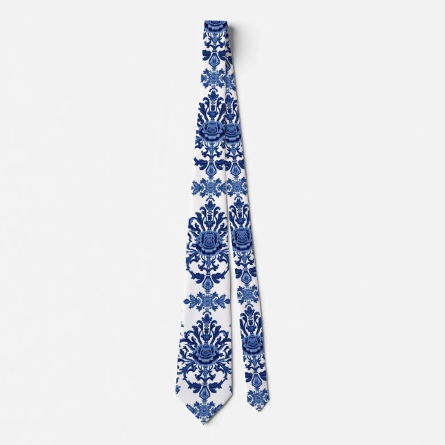 Chinoiserie Chic Navy Blue Flower Ornament Pattern Neck Tie (Front)