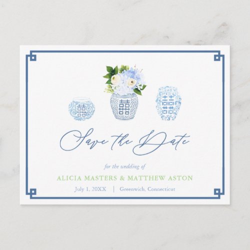Chinoiserie Chic Navy Blue Green Save The Date Postcard