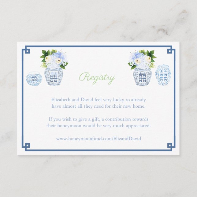 Chinoiserie Chic Navy & Green Wedding Registry Enclosure Card (Front)