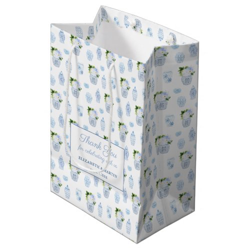 Chinoiserie Chic Navy Green Wedding Welcome  Medium Gift Bag - The background of this gift bag design is watercolor ginger jar vases (one of which is filled with blue and white flowers / green leaves) arranged into a repeating pattern. The text shown is for a wedding welcome or thank you bag but all of the text fields are customizable to your needs. 