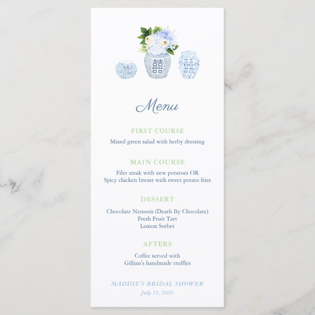 Chinoiserie Chic Navy Green & White Bridal Shower Menu (Front)