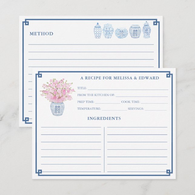 Chinoiserie Chic Pink and Blue Recipe Card (Front/Back)