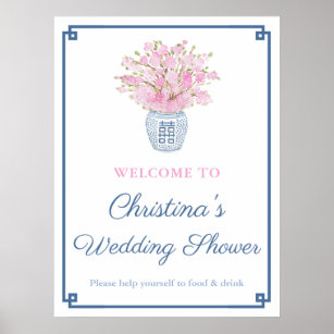 Chinoiserie Chic Pink and Navy Blue Wedding Shower Poster