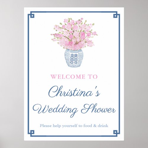 Chinoiserie Chic Pink and Navy Blue Wedding Shower Poster - Timeless pink cherry blossom stems in a blue and white ginger jar vase decorate this party welcome sign design. Shown here for a Bridal Shower but all of the text can be customized to your needs. With regards to the Greek Key border, you can change the color of this by changing the background color of the design (enter the design tool by clicking / tapping to personalize further). If you need the poster in another size ratio (not 2:3) then you might need to adjust this border so it remains the correct distance from the edge. To do this, select one of the layers called "Greek Key half corner..." and use the arrows on your keyboard to move left or right). You'll need to do each half of the background separately.