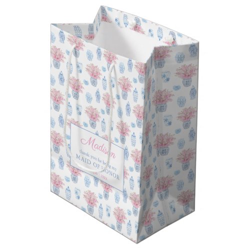 Chinoiserie Chic Pink & Blue Bridesmaids Thank You Medium Gift Bag - The background of this gift bag design is watercolor ginger jar vases (one of which is filled with pink blossom) arranged into a repeating pattern. The text shown is for a Bridesmaids thank you bag but all of the text fields are customizable to your needs. 