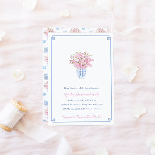 Chinoiserie Chic Pink Blue Girl Baby Shower Party Invitation