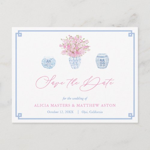 Chinoiserie Chic Pink Blue Wedding Save The Date Postcard