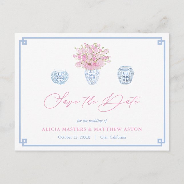 Chinoiserie Chic Pink Blue Wedding Save The Date Postcard (Front)