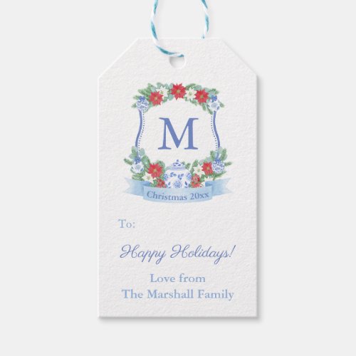 Chinoiserie Chic Poinsettia Wreath Merry Christmas Gift Tags