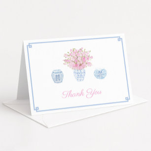 Chinoiserie Chic Sky Blue And Pink Bridal Shower Letterpress Thank You Card
