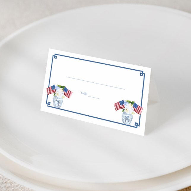 Chinoiserie Chic USA Flag Ginger Jar Wedding Lunch Place Card (Patriotic watercolor USA flags in ginger jar vase red white and blue place cards or food tents)