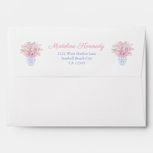Chinoiserie Chic With Pink Return Address Envelope - Envelope design with a blue and white Ginger Jar pattern liner and the return address in pink and blue (and flanked by a vase of cherry blossom stems). To match my sky blue / pink "Sakura" ginger jar range of stationery.