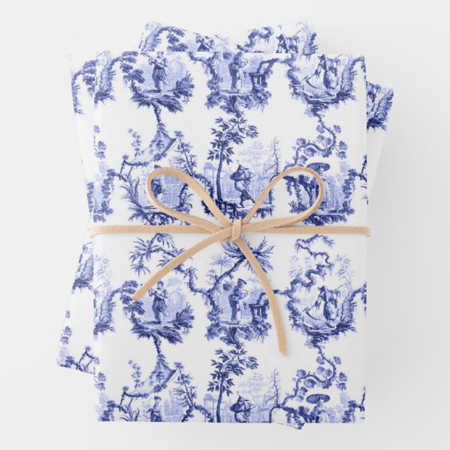 Chinoiserie China Blue Wrapping Paper Sheets (In situ)