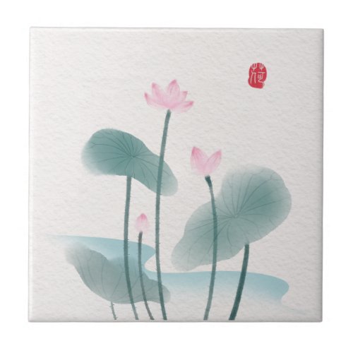 Chinoiserie Chinese Ink Wash Painting Lotus Floral Ceramic Tile