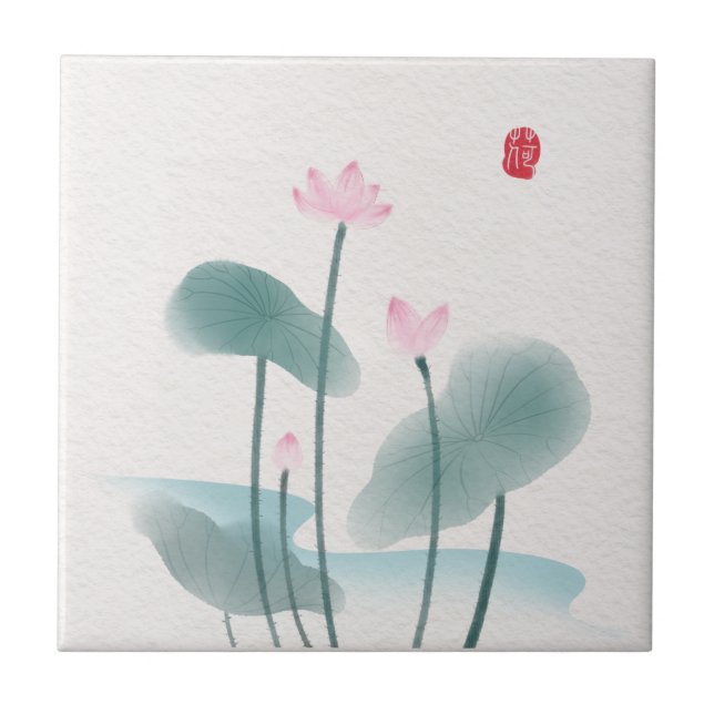 Chinoiserie Chinese Ink Wash Painting Lotus Floral Ceramic Tile (Front)
