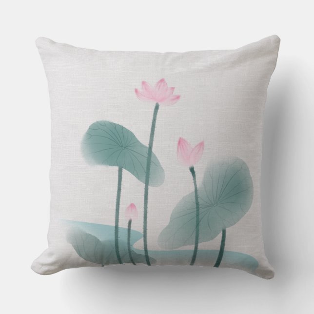 Chinoiserie Chinese Ink Wash Painting Lotus Floral Throw Pillow (Front)