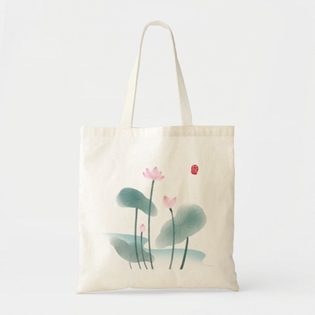 Chinoiserie Chinese Ink Wash Painting Lotus Floral Tote Bag (Front)