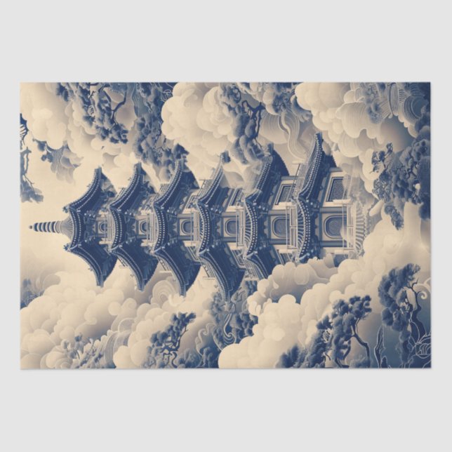 Chinoiserie Chinese Temple Blue Decoupage Tissue Paper (Front)