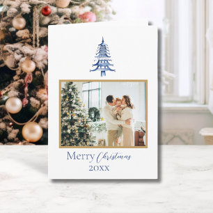 Chinoiserie Christmas Blue Pagoda 1-Photo Card