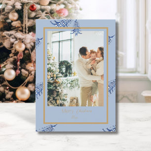 Chinoiserie Christmas Dusty Blue Pagoda 2-Photo Holiday Card