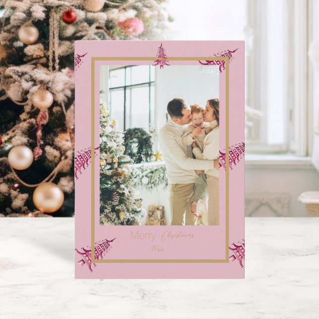 Chinoiserie Christmas Dusty pink Pagoda 2-Photo  Holiday Card (Chinoiserie Christmas Dusty pink Pagoda 2-Photo Holiday Card)
