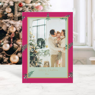 Chinoiserie Christmas Green red Pagoda 2-Photo Holiday Card