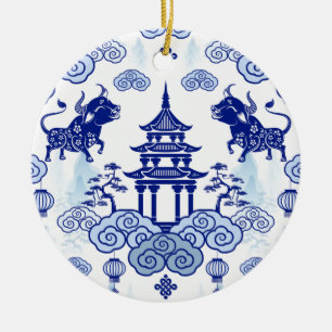 Chinoiserie Christmas Ornament Bull & Pagoda