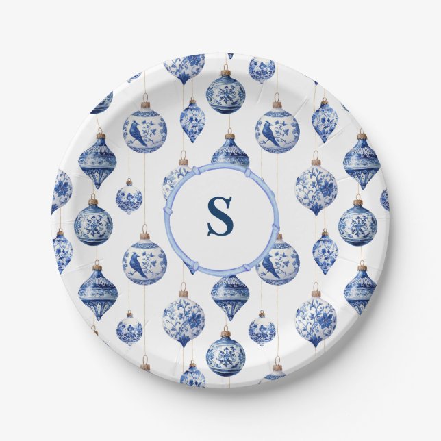 Chinoiserie Christmas Ornaments Monogrammed  Paper Plates (Front)