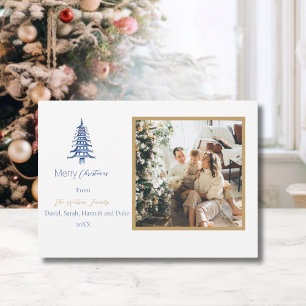 Chinoiserie Christmas Simple Blue Pagoda 2-Photo Holiday Card
