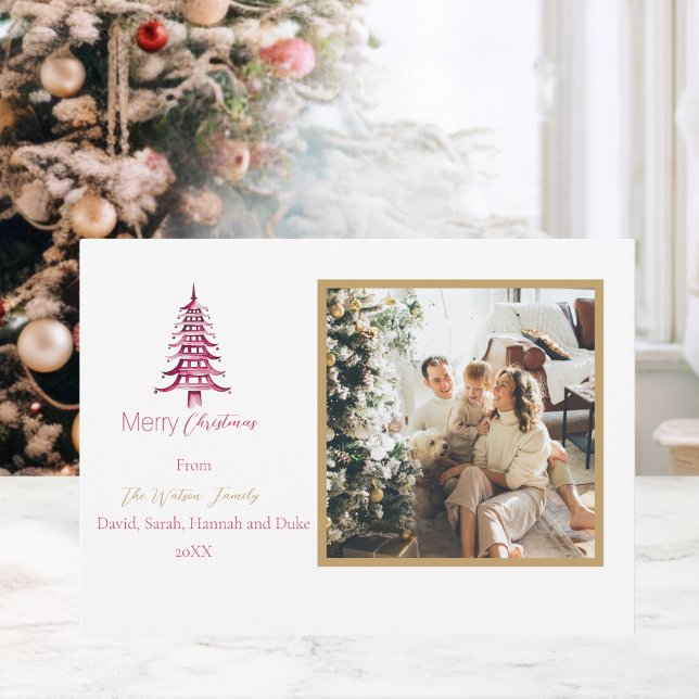 Chinoiserie Christmas Simple Red Pagoda 2-Photo  Holiday Card (Chinoiserie Christmas Simple Red Pagoda 2-Photo Holiday Card)