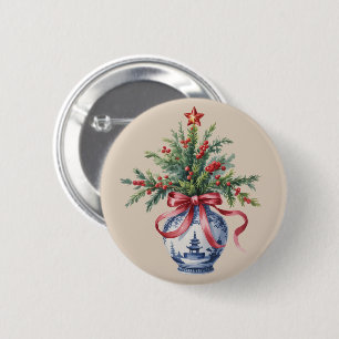 Chinoiserie Christmas Tree Red Bow Vase Vintage Button