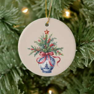 Chinoiserie Christmas Tree Red Bow Vase Vintage  Ceramic Ornament