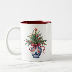 Chinoiserie Christmas Tree Red Bow Vase Vintage Two-Tone Coffee Mug